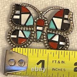 Native American Inlay Gemstones Zuni Butterfly Pin Brooch Pendant Signed Silver