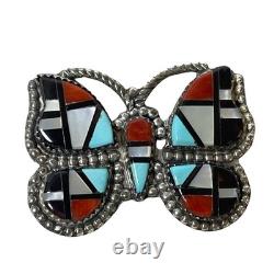 Native American Inlay Gemstones Zuni Butterfly Pin Brooch Pendant Signed Silver