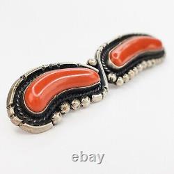 Native American Jewelry Large Sterling Silver Red Mediterranean Coral Brooch Pin