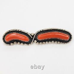 Native American Jewelry Large Sterling Silver Red Mediterranean Coral Brooch Pin