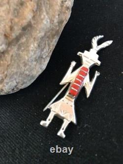 Native American Kachina Coral Indian Sterling Silver Vintage Inlay Pin 3
