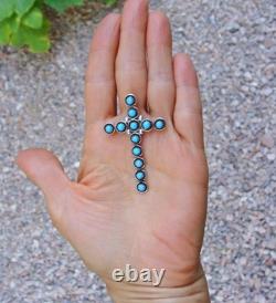 Native American Large Zuni Sterling Silver Turquoise Cross Pin Pendant Brooch