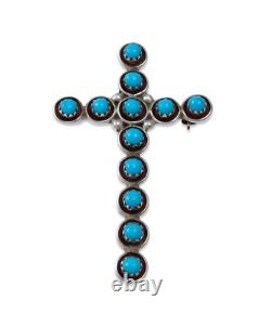 Native American Large Zuni Sterling Silver Turquoise Cross Pin Pendant Brooch