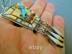 Native American Multi-Stone Inlay Sterling Silver Blue Jay Bird Necklace & Pin