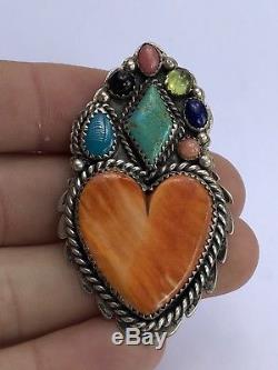 Native American Multi-Stone Inlay Sterling Silver Heart Spiny Oyster Pin Pendant