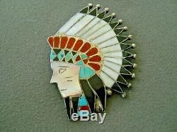 Native American Multi-Stone Inlay Sterling Silver Indian Chief Pendant Pin
