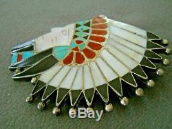Native American Multi-Stone Inlay Sterling Silver Indian Chief Pendant Pin