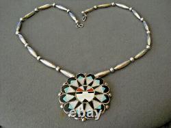 Native American MultiStone Inlay Sunface Pendant/Pin Sterl. Silver Bead Necklace