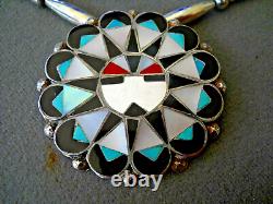 Native American MultiStone Inlay Sunface Pendant/Pin Sterl. Silver Bead Necklace