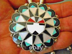 Native American MultiStone Inlay Sunface Pendant/Pin Sterl. Silver Bead Necklace