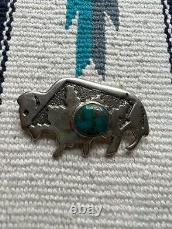Native American Navajo Frank Chee Turquoise & Sterling Buffalo Cast Pin