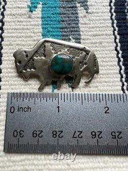 Native American Navajo Frank Chee Turquoise & Sterling Buffalo Cast Pin