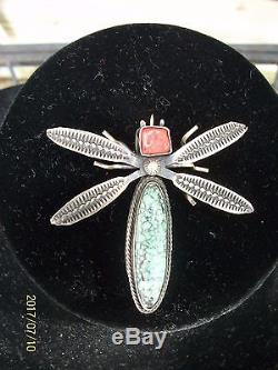 Native American Navajo H Ration Insect Dragonfly Brooch Pin Turquoise & Coral