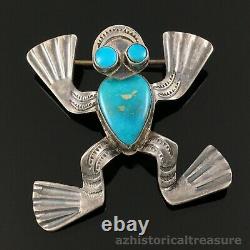 Native American Navajo Handmade Silver & Blue Gem Turquoise Frog Pin Brooch