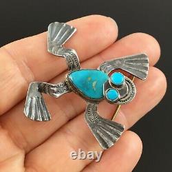 Native American Navajo Handmade Silver & Blue Gem Turquoise Frog Pin Brooch