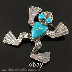 Native American Navajo Handmade Silver & Blue Gem Turquoise Frog Pin Brooch