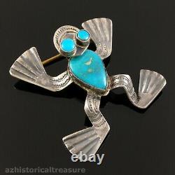 Native American Navajo Handmade Silver & Blue Gem Turquoise Frog Pin Brooch