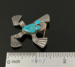 Native American Navajo Handmade Silver & Blue Gem Turquoise Frog Pin Brooch