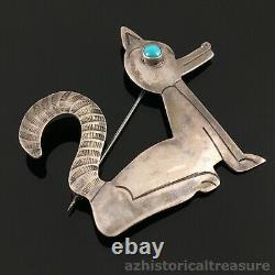 Native American Navajo Handmade Silver & Turquoise Fox Pin Brooch