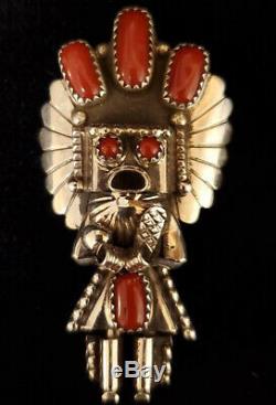 Native American Navajo Handmade sterling Silver Coral Kachina Pendant/pin