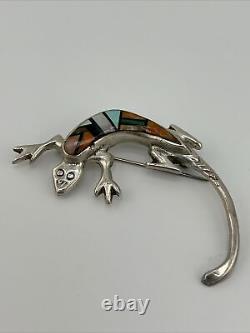 Native American Navajo LM sterling Silver spiny oyster lizard pin brooch