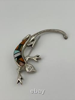Native American Navajo LM sterling Silver spiny oyster lizard pin brooch