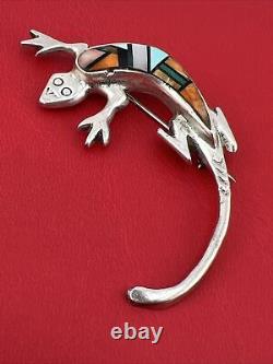 Native American Navajo LM sterling Silver spiny oyster lizard pin brooch