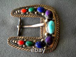 Native American Navajo Multi-Stone Cluster Sterling Silver Prong Pin Belt Buckle