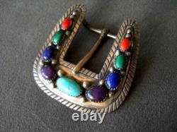 Native American Navajo Multi-Stone Cluster Sterling Silver Prong Pin Belt Buckle
