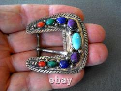 Native American Navajo Multi-Stone Cluster Sterling Silver Prong Pin Belt Buckle