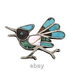 Native American Navajo Roadrunner Pin Turquoise Sterling Silver Mother of Pearl