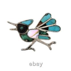 Native American Navajo Roadrunner Pin Turquoise Sterling Silver Mother of Pearl