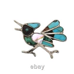 Native American Navajo Roadrunner Pin Turquoise Sterling Silver Mother of Pearl