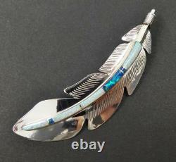 Native American Navajo Shiny Sterling Silver Opal Inlay Large Feather Pendant