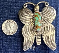 Native American Navajo Signed Spiderweb Turquoise Butterfly Pin Sterling Silver
