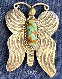 Native American Navajo Signed Spiderweb Turquoise Butterfly Pin Sterling Silver