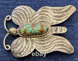 Native American Navajo Signed Spiderweb Turquoise Butterfly Pin Sterling Silver