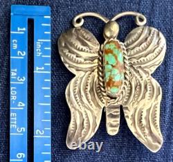 Native American Navajo Signed Spiderweb Turquoise Butterfly Pin Sterling Silver