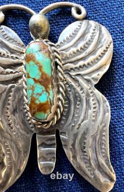 Native American Navajo Signed Spiderweb Turquoise Butterfly Pin Sterling Silver