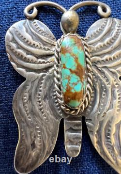Native American Navajo Signed Spiderweb Turquoise Butterfly Pin Sterling Silver