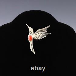 Native American Navajo Silver & Coral Hummingbird Pin By Lee Charley