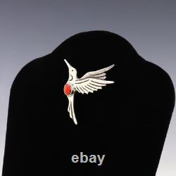 Native American Navajo Silver & Coral Hummingbird Pin By Lee Charley