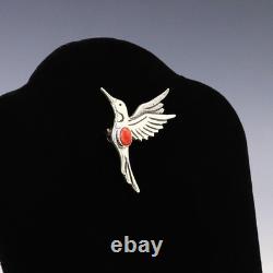 Native American Navajo Silver & Coral Hummingbird Pin By Lee Charley