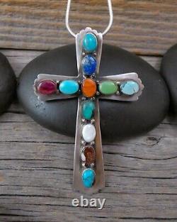 Native American Navajo Sterling Multi Stone Cross Pin Pendant & Chain
