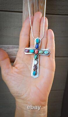 Native American Navajo Sterling Multi Stone Cross Pin Pendant & Chain
