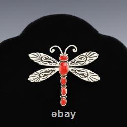 Native American Navajo Sterling Silver & Coral Dragonfly Pin By Lee Charley