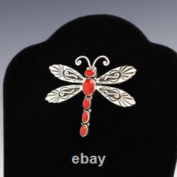 Native American Navajo Sterling Silver & Coral Dragonfly Pin By Lee Charley