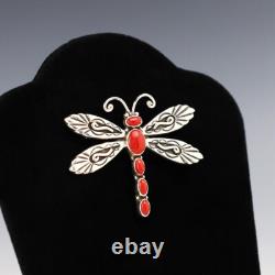 Native American Navajo Sterling Silver & Coral Dragonfly Pin By Lee Charley
