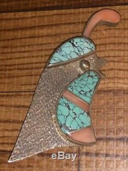 Native American Navajo Sterling Silver Inlay Quails Head Brooch / Pin Signed