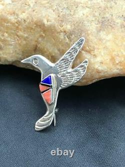 Native American Navajo Sterling Silver Spiny Oyster Lapis Hummingbird Pin 2902